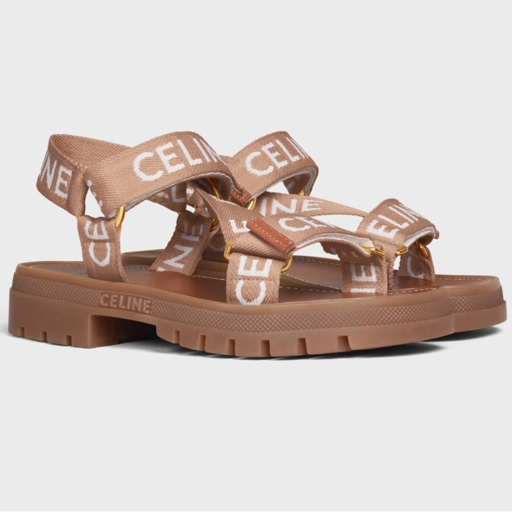 Celine Women's US 9/EU 39 Leo Strappy Sandals In Wool Jaquard Logo Beige/White.